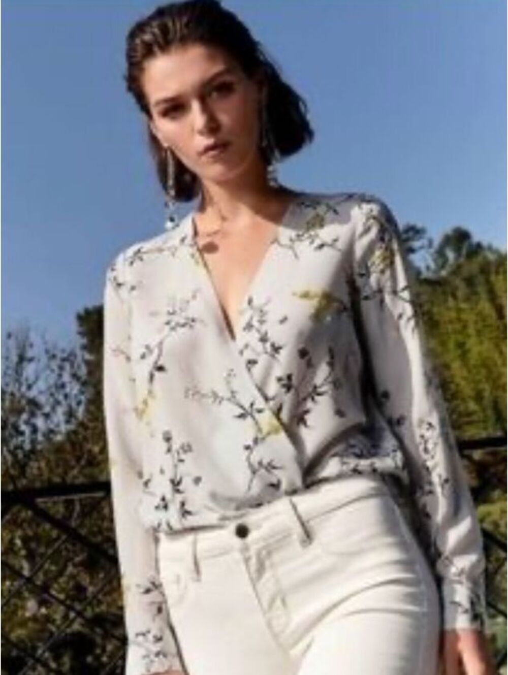 L'Agence Kyla Gray Floral Silk Draped Blouse